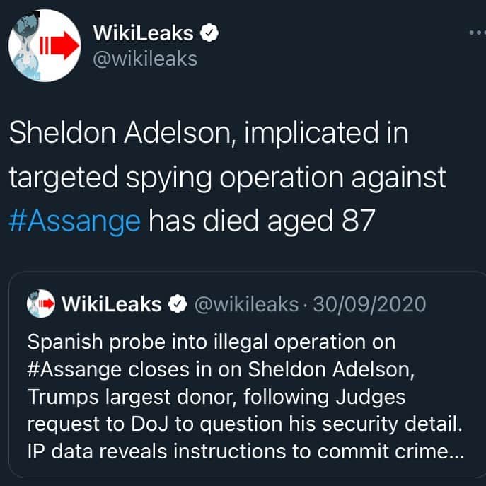 WikiLeaksさんのインスタグラム写真 - (WikiLeaksInstagram)「Sheldon Adelson, implicated in targeted spying operation against #Assange has died aged 87」1月13日 1時11分 - wikileaks