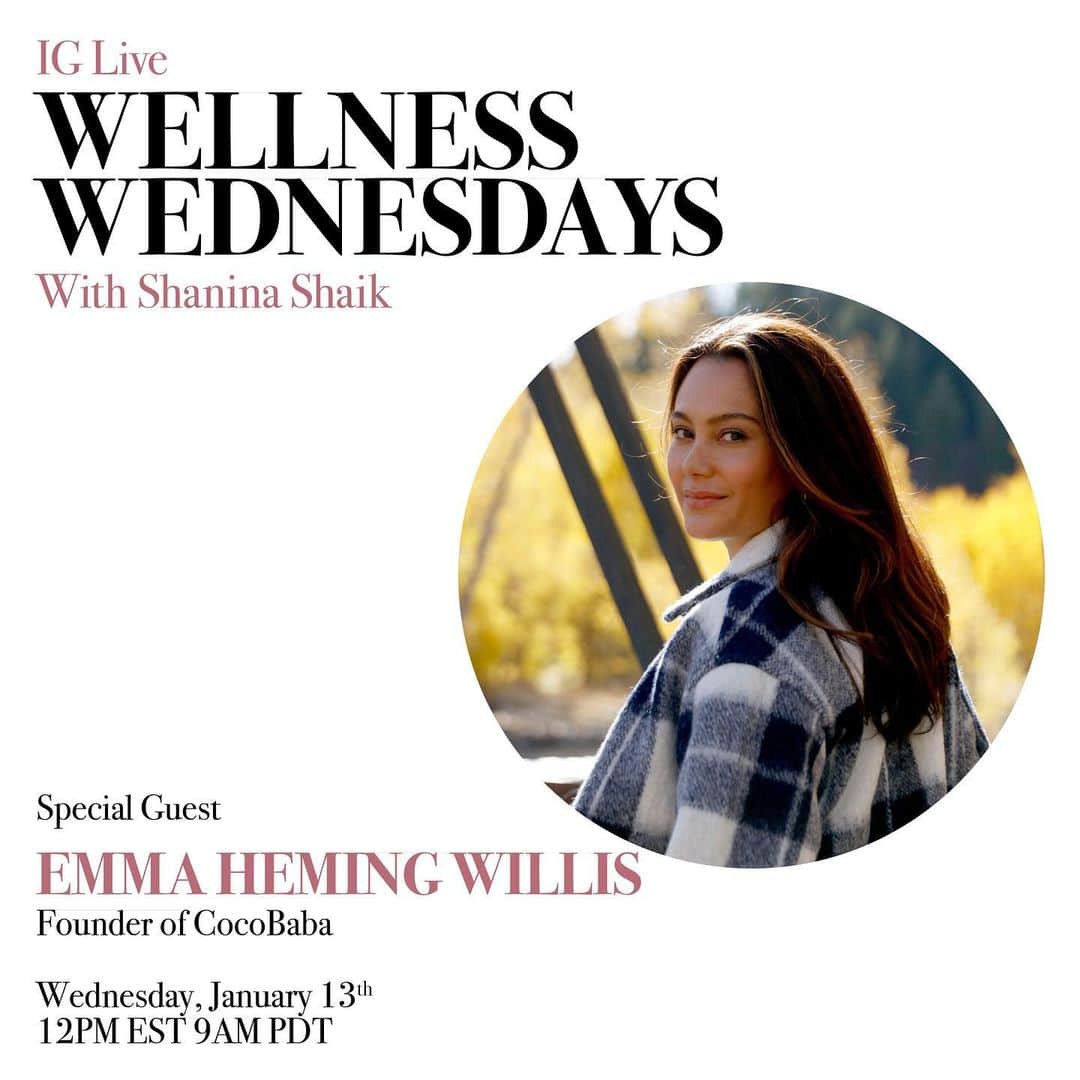 シャニーナ・シャイクのインスタグラム：「Wellness Wednesdays is back for the new year and I’m so excited to have @emmahemingwillis chatting with us tomorrow on my IG live . Emma is the CEO of @cocobabaofficial an all natural vegan skincare line for women. After marrying Bruce and starting a family . Emma wanted to create wellness products for pregnant women. Many of my girlfriends are pregnant right now so I know this will be very informative for all the mamas and women 🤍 Emma is a model , mum and entrepreneur - she is an amazing asset to the wellness community. Make sure to Tune in tomorrow」