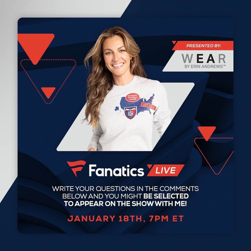 エリン・アンドリューズのインスタグラム：「Join me on @fanatics Live, Monday, 1/18 at 7pm EST!! I'll be chatting with fans, signing autographs, talking sports and @wearbyea along with answering your questions.    Comment below with your best question and you could be selected to appear on the show with me! Those who are selected will also receive a spending credit to be used on @wearbyea merchandise. You have 24 hours to submit your questions! Tune into the event here 👉 http://bit.ly/35xROzz」