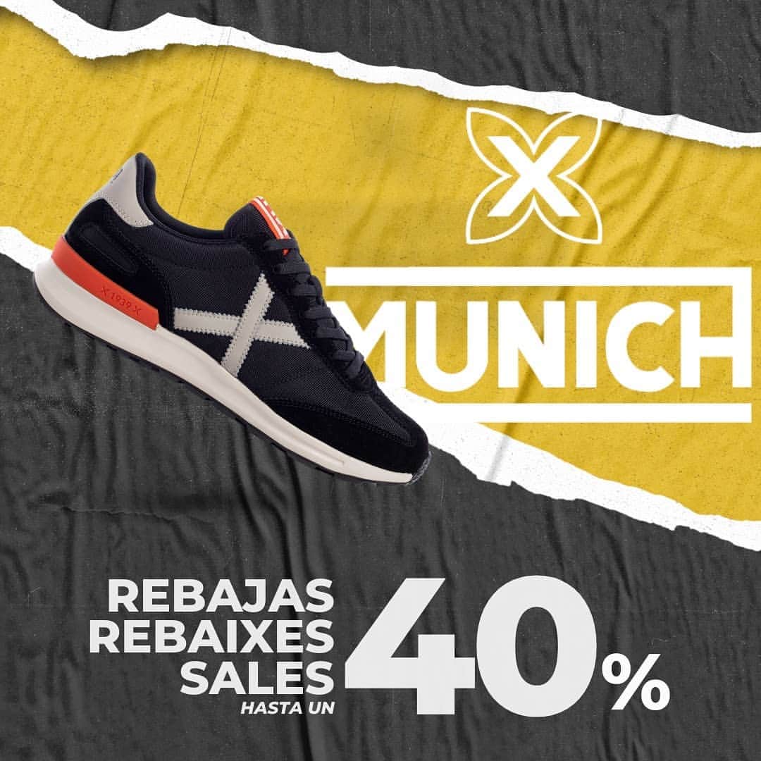 ミュニックのインスタグラム：「💥REBAJAS MUNICH®💥 Deporte, moda, accesorios y kids ¡Hasta un 40% de descuento!   👟✖️ En nuestra web oficial www.munichsports.com y tiendas MUNICH   #Rebajas #MunichSports #Deporte #Moda #STB #KIDS #AccesoriosMUNICH」
