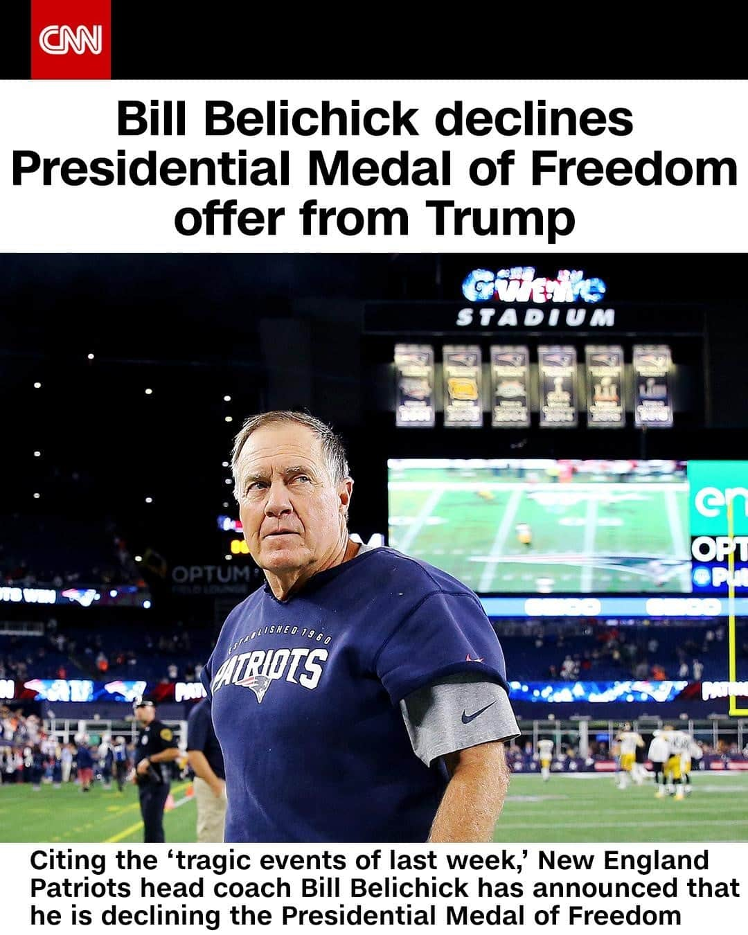 CNNさんのインスタグラム写真 - (CNNInstagram)「New England Patriots head coach Bill Belichick has announced that he will not “move forward” with the Presidential Medal of Freedom, which he was scheduled to receive from President Donald Trump on Thursday. "Recently, I was offered the opportunity to receive the Presidential Medal of Freedom, which I was flattered by out of respect for what the honor represents and admiration for prior recipients," Belichick said in a statement. "Subsequently, the tragic events of last week occurred and the decision has been made not to move forward with the award. Above all, I am an American citizen with great reverence for our nation's values, freedom and democracy." Tap the link in our bio to learn more.⁠ ⁠ (📸: Maddie Meyer/Getty Images North America/Getty Images)」1月13日 2時02分 - cnn