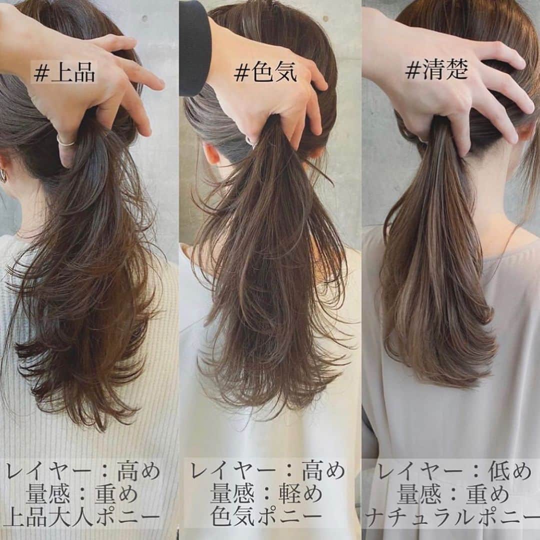 小西涼さんのインスタグラム写真 - (小西涼Instagram)「人気のレイヤーカット✂︎ 色っぽ髪まとめてみました☺️ ． #上品な大人女性　の印象 レイヤー：高め 量感：重め 大人っぽくなりたい方オススメ👩🏼 #色っぽい女子　な印象 レイヤー：高め 量感：軽め アクティブに動く毛先が色気 up👱🏻‍♀️ #清楚ナチュラルな印象　 レイヤー：低め 量感：重め ナチュラルな優しいイメージへ✨ ． レイヤーの良さは 長さを変えずに印象を変えてくれて、髪の透明感を上げてくれます☘️ 伸びた時の楽しみをイメージしましょうね😊✨ ． ． 何かあれば質問、コメントして下さいね^ ^ ． ． ~ ~ ~ ~ ~~ ~ ~ ~ ~ ~~ ~ ~ ~ ~ ~ 保存して毎日のスタイリングの参考に😊✨ @ryokonishi_ways フォローして 美容コンテンツをマネしてみてください😉 ~ ~ ~ ~ ~ ~~ ~ ~ ~ ~ ~ ~ ~ ~ ~ ~  #ポニーテール#色気#色っぽい#色っぽ髪 #ボブ#外ハネボブ#きりっぱなし#前髪 #外ハネ#ミディアム#ベージュ #レイヤーカット#レイヤー#セミディ #グレージュ#グレーベージュ#ヘアカラー #オリージュ#ハイライト#シークレットハイライト#カット#ベージュ#ハイライト #美容学生#美容室#美容学校#美容師」1月12日 18時49分 - ryokonishi_ways