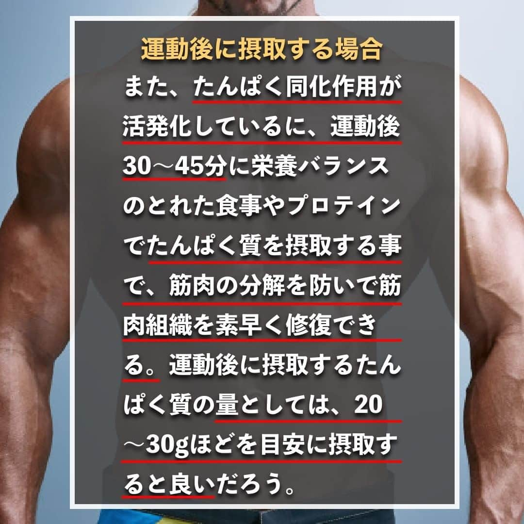 山本義徳さんのインスタグラム写真 - (山本義徳Instagram)「【運動前にプロテイン飲まないとヤバイ?!】  筋肉量アップを目指すトレーニーにとって、 積極的に摂取したいプロテインだが、 飲むタイミングが分からないという方もいるのではないだろうか？ 今回は、プロテインの具体的な摂取タイミングについて解説する。  是非参考になったと思いましたら、フォローいいね また投稿を見返せるように保存していただけたらと思います💪  #運動 #プロテイン #ダイエット #筋トレ #筋トレ女子 #タンパク質 #バルクアップ #筋トレダイエット #筋トレ初心者 #筋トレ男子 #ボディビル #筋肉女子 #筋トレ好きと繋がりたい #トレーニング好きと繋がりたい #トレーニング男子 #トレーニー女子と繋がりたい #ボディビルダー #筋スタグラム #筋肉男子 #筋肉好き #筋肉つけたい #プロテインダイエット #プロテイン女子 #トレーニング大好き #トレーニング初心者 #筋肉トレーニング #エクササイズ女子 #山本義徳 #筋肉増量 #valx」1月12日 20時32分 - valx_kintoredaigaku