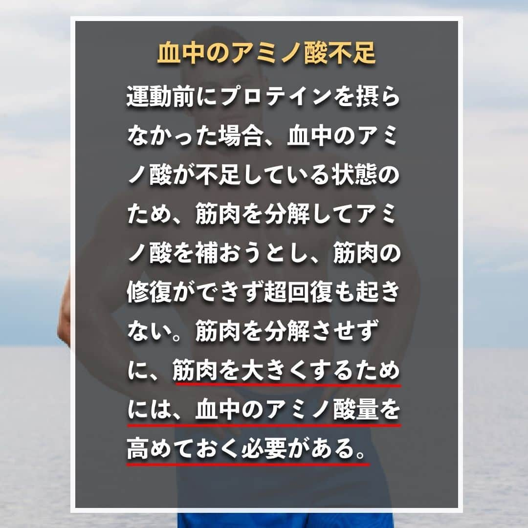 山本義徳さんのインスタグラム写真 - (山本義徳Instagram)「【運動前にプロテイン飲まないとヤバイ?!】  筋肉量アップを目指すトレーニーにとって、 積極的に摂取したいプロテインだが、 飲むタイミングが分からないという方もいるのではないだろうか？ 今回は、プロテインの具体的な摂取タイミングについて解説する。  是非参考になったと思いましたら、フォローいいね また投稿を見返せるように保存していただけたらと思います💪  #運動 #プロテイン #ダイエット #筋トレ #筋トレ女子 #タンパク質 #バルクアップ #筋トレダイエット #筋トレ初心者 #筋トレ男子 #ボディビル #筋肉女子 #筋トレ好きと繋がりたい #トレーニング好きと繋がりたい #トレーニング男子 #トレーニー女子と繋がりたい #ボディビルダー #筋スタグラム #筋肉男子 #筋肉好き #筋肉つけたい #プロテインダイエット #プロテイン女子 #トレーニング大好き #トレーニング初心者 #筋肉トレーニング #エクササイズ女子 #山本義徳 #筋肉増量 #valx」1月12日 20時32分 - valx_kintoredaigaku