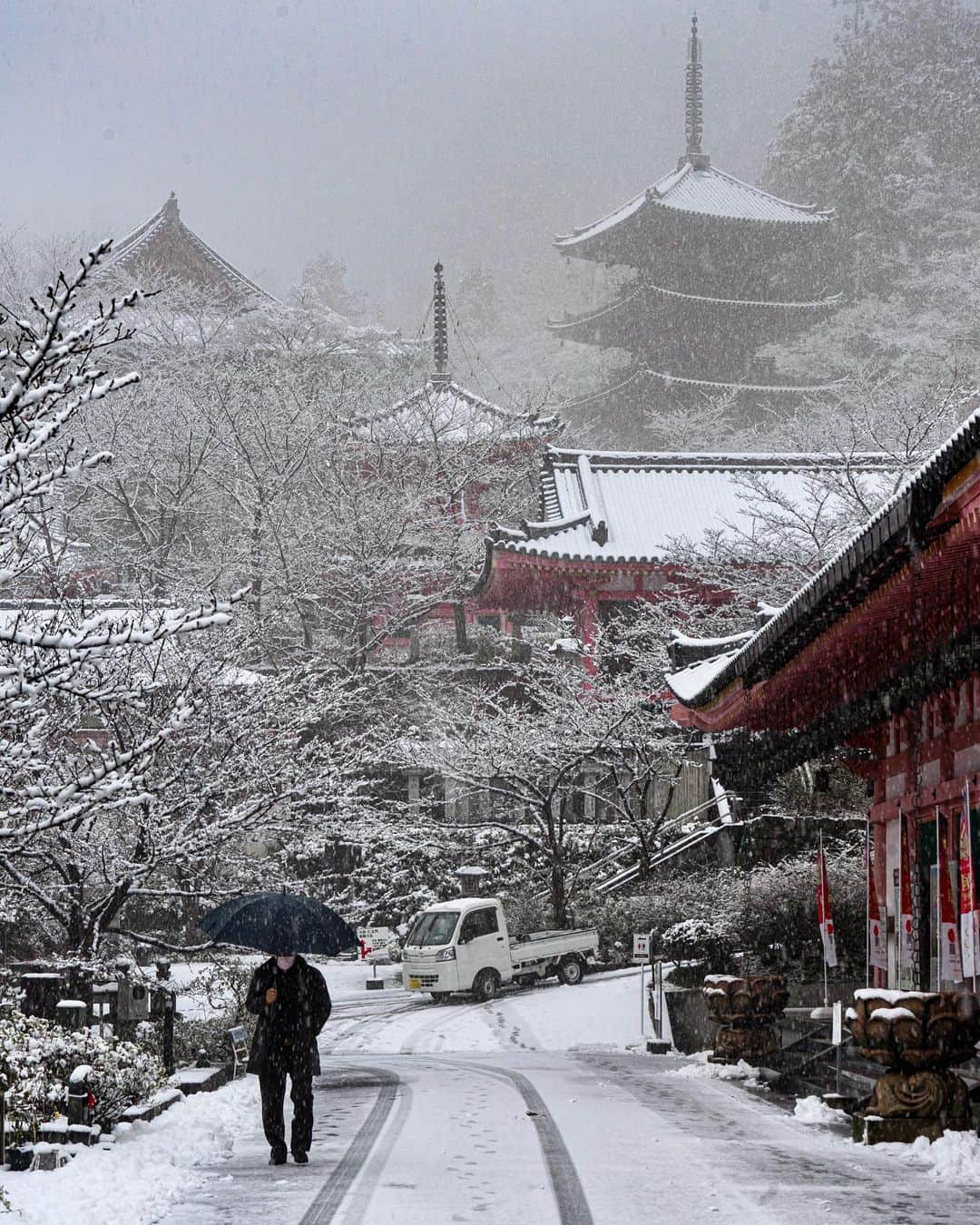 Koichiのインスタグラム：「First snowfall❄️  The first snow has piled up today.  今朝の奈良は今シーズン初の積雪でした。 午後には無くなったけど⛄️💦  #BeautifulJapan #Hellofrom #Nara #壺阪寺 #奈良  .」