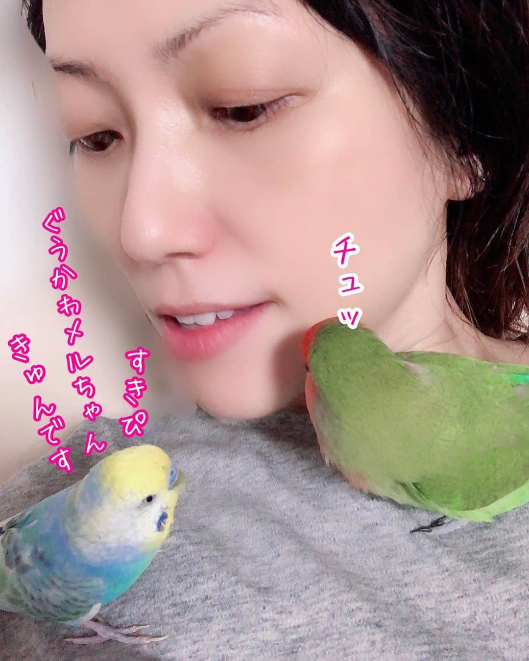 甘乃つばき（吉瀬菜々子）さんのインスタグラム写真 - (甘乃つばき（吉瀬菜々子）Instagram)「おや睡眠🌎🦉 私: そろそろハウスしよか？ 鳥: 。。。緑色2号はベッタリ、青色1号はお気に入りの単語ずっと喋っててどちらもスルー?🙉💬 ・ #おやすみなさい #goodnight🌙 #癒し#小鳥のいる生活」1月12日 22時37分 - natsume_sachiko