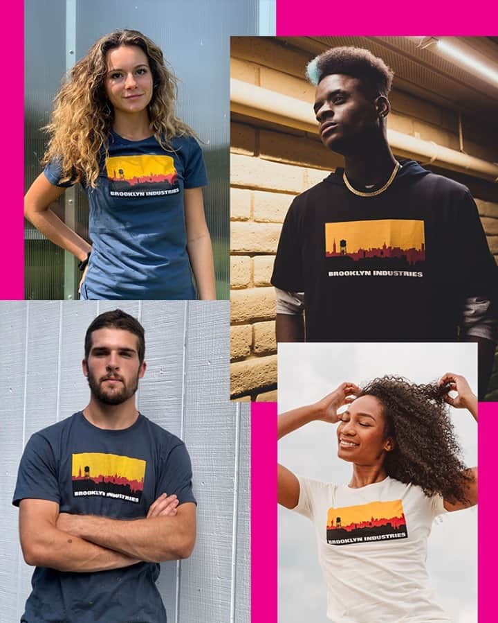 ブルックリンインダストリーズのインスタグラム：「Our founder Vahap Avsar designed this logo from the factory rooftop in 1996.  From the corner of North 9th Street and Wythe Ave, the view looked North over Queens to Manhattan.  He chose industrial colors- burgundy, orange, black- bold choices.  The first t-shirts were designed for skater kids hanging around the abandoned warehouses. BKI was born. #brooklynindustries #liveworkcreate」