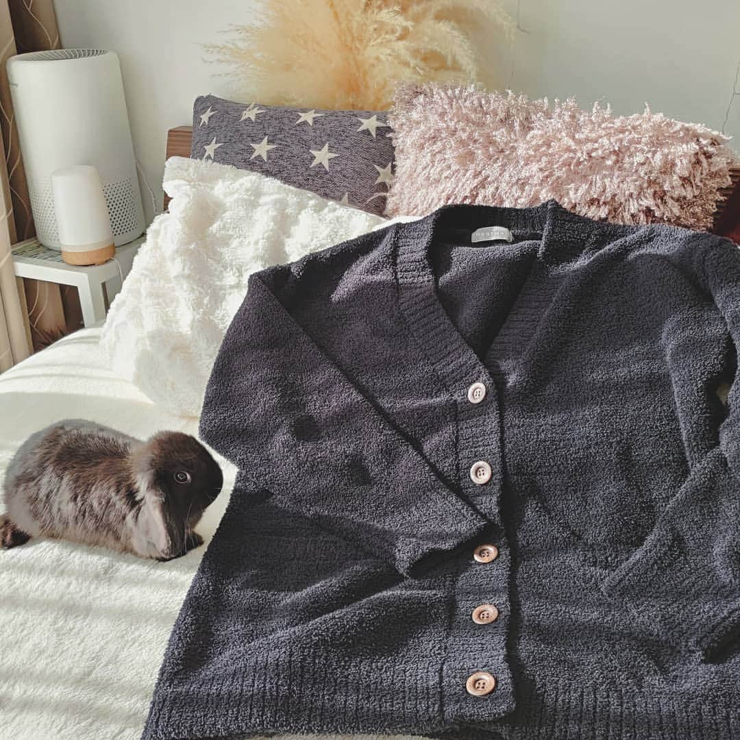 貴愛kwiae Officialのインスタグラム：「モコモコな人生を送るために @nestwell_official のカーディガンをゲットしましたん💫 そして、我が家に新年からチビうさを迎えて より一層ふわもこな日々となっております。🐰  とりあえず爪がいたいので、年中こーゆー厚みのあるモコモコじゃないと私の皮膚のターンオーバーは間に合わないので、とても助かっています。ちなみに半袖ワンピもゲットしたのでセットで着ている。  このカーデは私服でも使えるので寒いこの冬を共に乗り越えようと思います🤎優しくて地球環境に配慮した素材選びをしてるのもピッタリ。 多くの中から選んだからには大切に着ます。 ちなみにちゃんとメンズもあります💫😌Zozoでもゲットできますよん🥰 🐰は黒くて写真によく映らないところがとてもかわいい。 本物しか分からない美しさを兼ね備えてるよ。 * * * * #nestwell #パジャマ  #部屋着 #housedress #usagi #bunny #black 耳ハゲてる。」