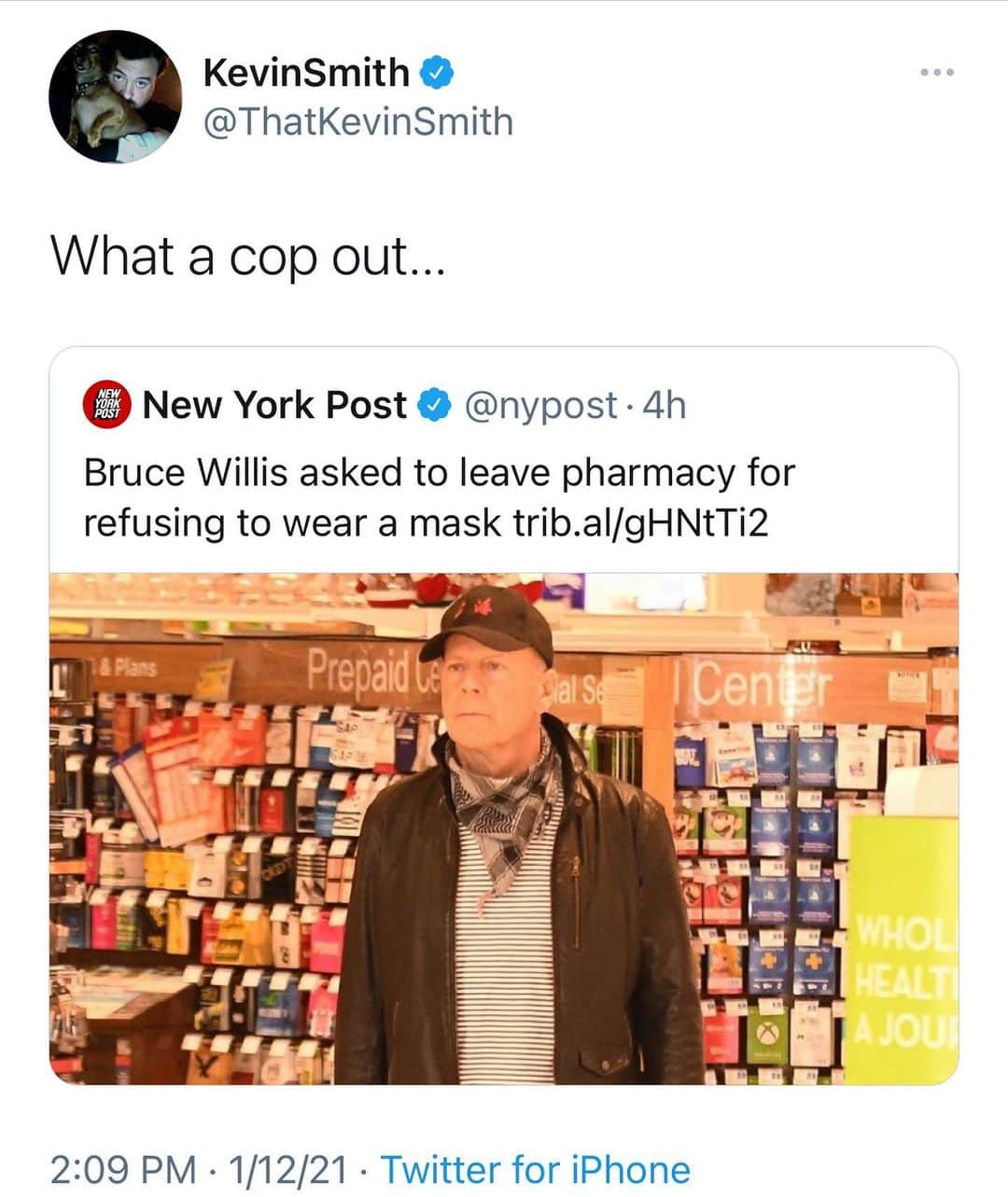 ケヴィン・スミスのインスタグラム：「What a cop out... (Apologies for the easy @twitter dunk and the @instagram victory lap. But sometimes the sweetest fruit is the lowest hanging.  In case any young folks are like “I don’t get it,” I’ve included some photo references.) #KevinSmith #brucewillis #copout #diehard  #wearamask」