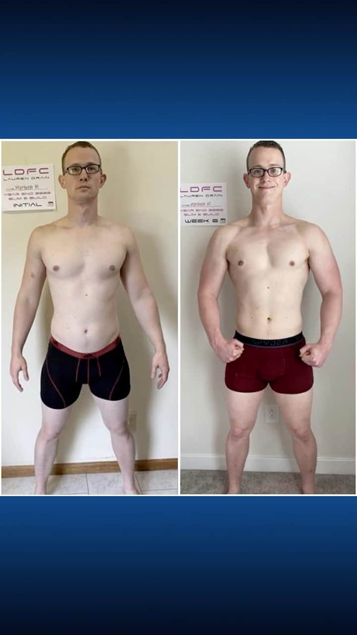 Lauren Drain Kaganのインスタグラム：「Matthew  @Mostguys in his own words: “This challenge was exactly what I needed to prevent putting on bad weight through the holidays. Instead, because of the challenge and your guidance, I was able to gain 11lbs of muscle. My overall gain in inches was only 2.75, but that is because I lost 3 inches between my hips and waist, which is crazy considering I was eating 2500 calories a day. This means that I was able to obtain over 8 inches of improvement, 5.75 inches of growth in my chest, arms, legs, glutes, with 3 inches of loss through the mid-section. Aside from the visual differences, I have felt more energized and my strength has increased. As an example, in week 1, I could only bench 205lbs twice. In week 6, I bench pressed 235lbs for 4 reps of 4. That's is the most more I have done in the past 3 years! I am without a doubt excited and happy with my results. I will definitely do another challenge in the future.” He also took home $200 in cash for having accomplished this amazing transformation. Join my next 6 Week Challenge starting this Sunday the 17th. Get all the info via the link in my bio💪🏽 Spots are almost gone so get yours while you still can🙈 What are you waiting for? If you are hesitant just look over the testimonials on my website or drop me an email with your questions. I’ve now helped over 25,000 clients over the last 5 years and will be doing this program along side everyone to hit my personal 2021 postpartum goals.  #weightloss #weightlossjourney #diet #dietplan #workout #athomeworkout #fitmom #fitness #fitnessmotivation #fitness #fitfam #mealplan #legday #squats #squat」