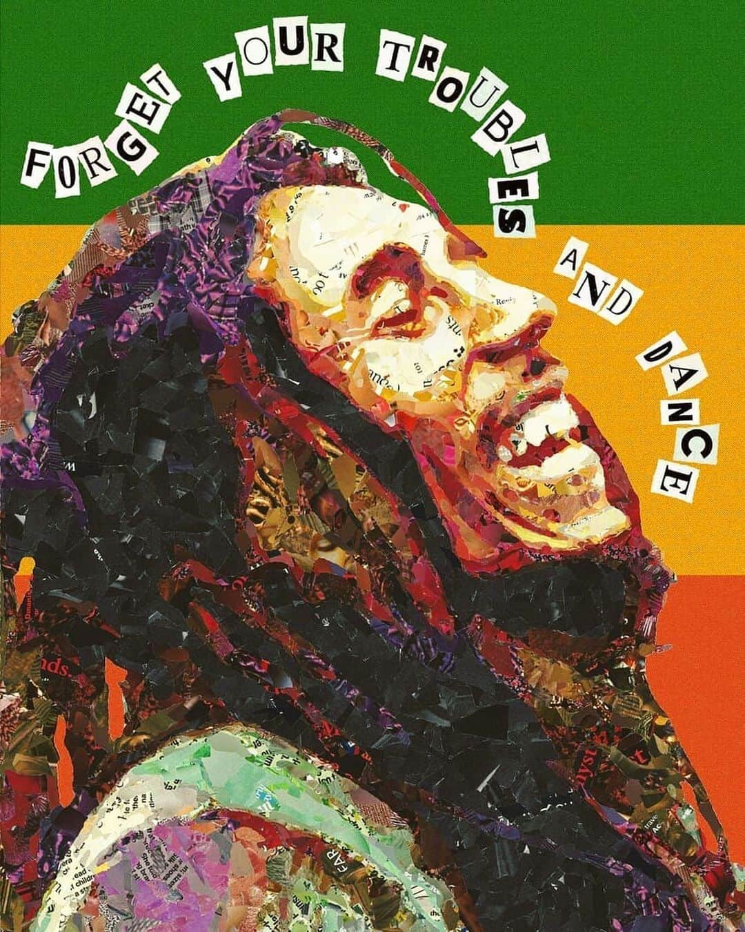 ボブ・マーリーさんのインスタグラム写真 - (ボブ・マーリーInstagram)「“Forget your troubles and dance!” #ThemBellyFull #bobmarley  🎨 by @actlikeyoudont, made entirely from magazine clippings! _____ Want your artwork featured on our socials? Post your original pieces here on IG tagged #bobmarleyart and we’ll keep sharing our favorites!」1月13日 4時29分 - bobmarley