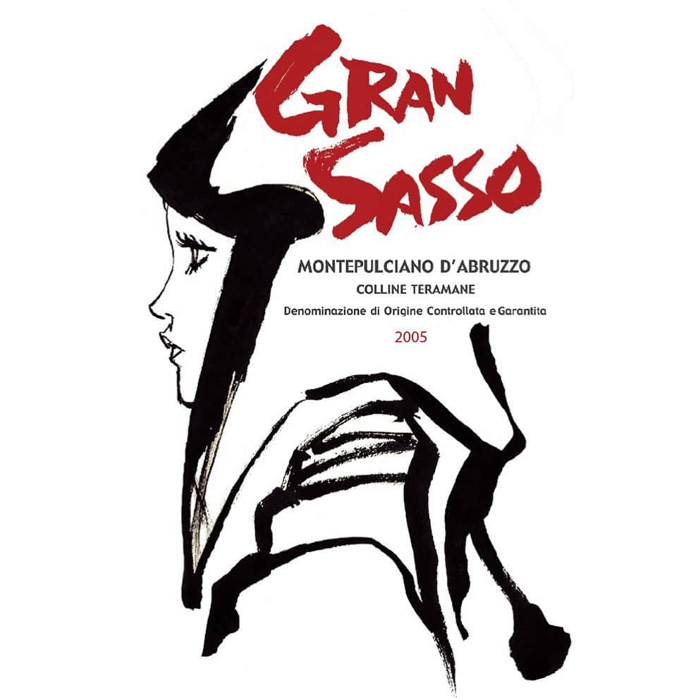 江口寿史のインスタグラム：「もう１本はイタリアのGRAN SASSO 2005年。日本国内のみ1200本限定で販売された江口寿史Ver.です。実物を目にした人はほとんどいないんじゃないかな。これはもう現物は自分とこにも残ってない(飲んじゃって)。筆ペンで１分くらいで絵と字を描いて、フォトショで20分くらいでデザインしました笑。チャチャチャッと。活きの良さ勝負で。」