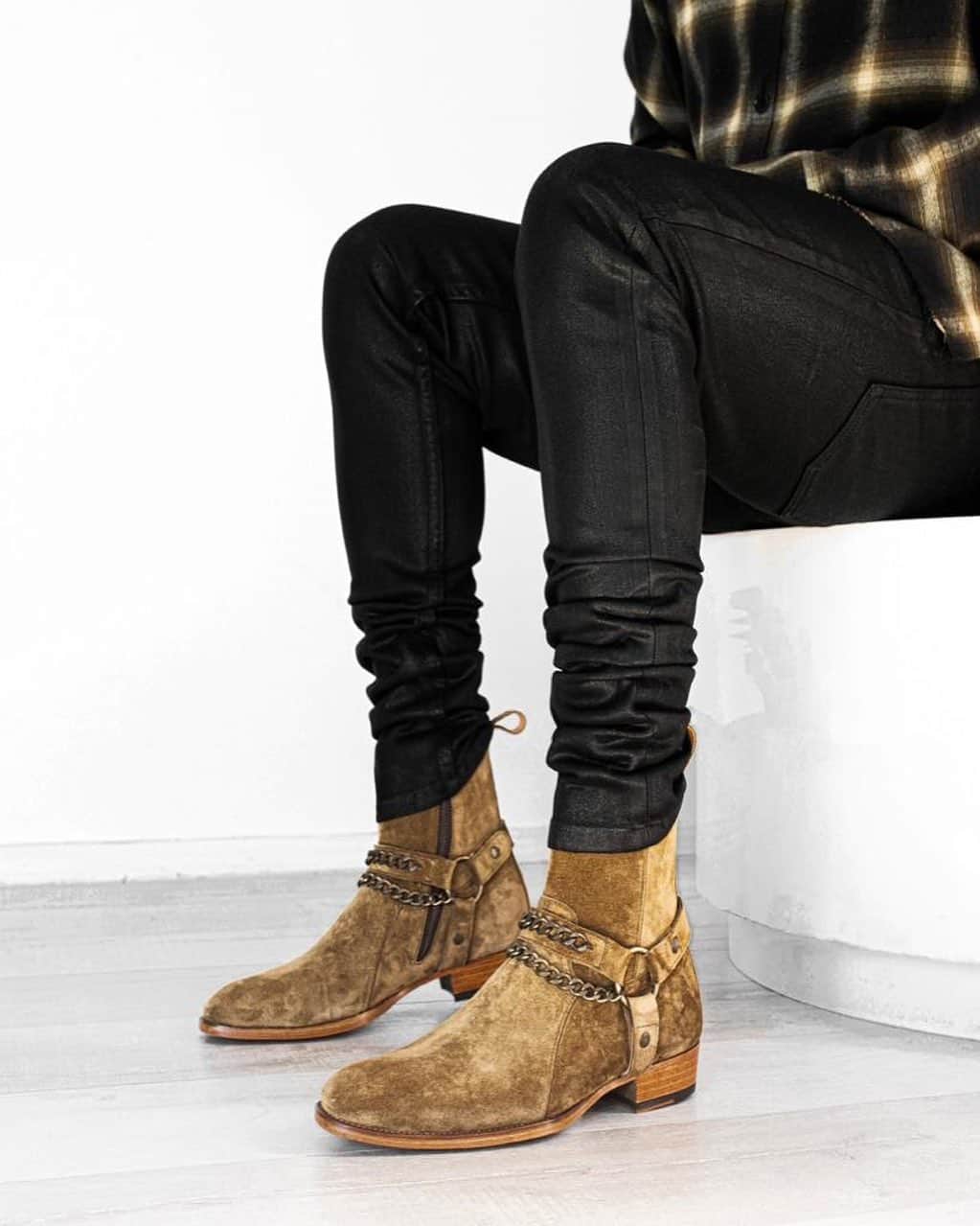 Men Withのインスタグラム：「#ad The ORO Henrik Harness Boots @orolosangeles The Wax Black Denim @orolosangeles The Donnie Plaid Shirt @orolosangeles www.orolosangeles.com  Tap the photo to shop!」
