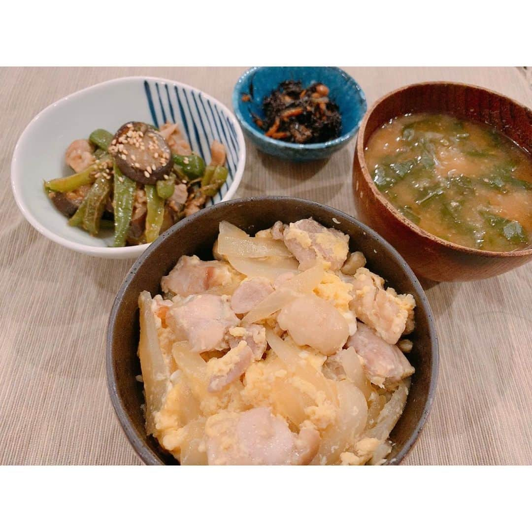 飯田圭織さんのインスタグラム写真 - (飯田圭織Instagram)「こんばんは🌆夕飯は和食。 親子丼、茄子とピーマン豚肉の味噌炒め、ひじきの煮物、ほうれん草と長芋のお味噌汁。和食はいいね👍 #こんばんは #夕飯 #親子丼 #味噌炒め  #和食 #お疲れ様でした」12月20日 20時44分 - iidakaori.official