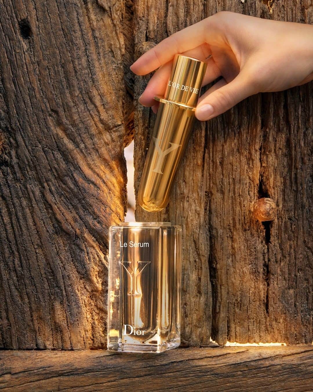 のインスタグラム：「LE SERUM L’OR DE VIE, WHEN ECO-DESIGN MEETS ULTIMATE SKIN LONGEVITY. Committed to an eco-design approach, the House of Dior combines beauty, loyalty and sustainability since the very inception of L’Or de Vie by being the 1st Luxury House to offer refillable versions of its emblematic formulas. Encapsulated into this refillable eternal case, Le Serum l’Or de Vie has been formulated with 100% Yquem extracts. The pure power of Yquem’s Active Ferment is infused in every drop of this rejuvenating elixir. On the outside the Serum L’Or de vie protects skin from external aggressions while powerful beta glucanes help repair and strengthen skin from the inside. Skin seems repaired, visibly rejuvenated, radiant with youth. • @diorskincare #diorskincare #lordevie #chateaudyquem.」