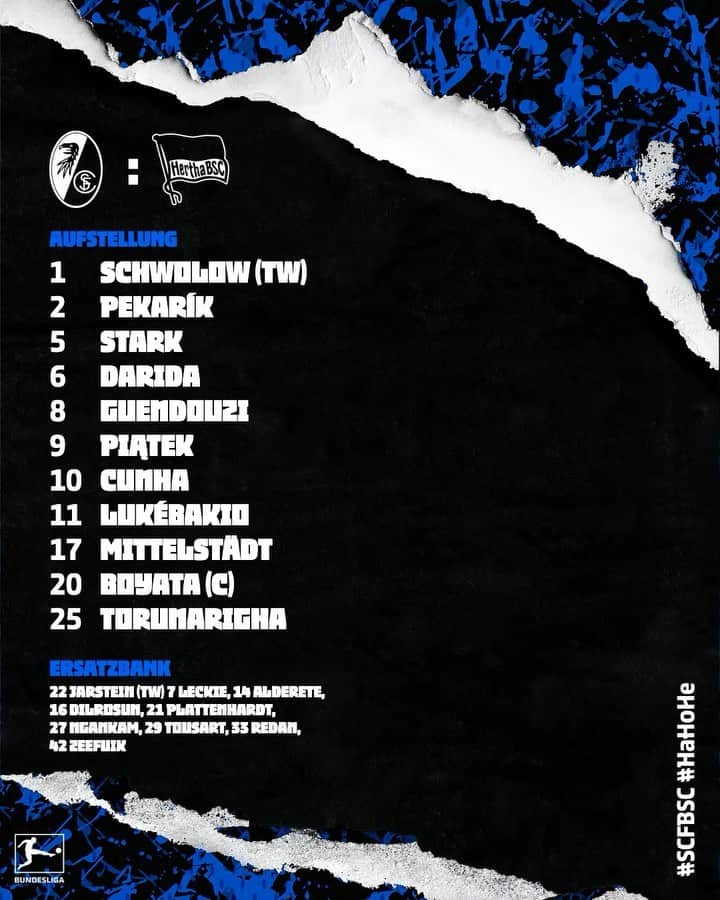 ヘルタ・ベルリンのインスタグラム：「Unsere Startelf für #SCFBSC! 🤜🤛 . . #HaHoHe #herthabsc」