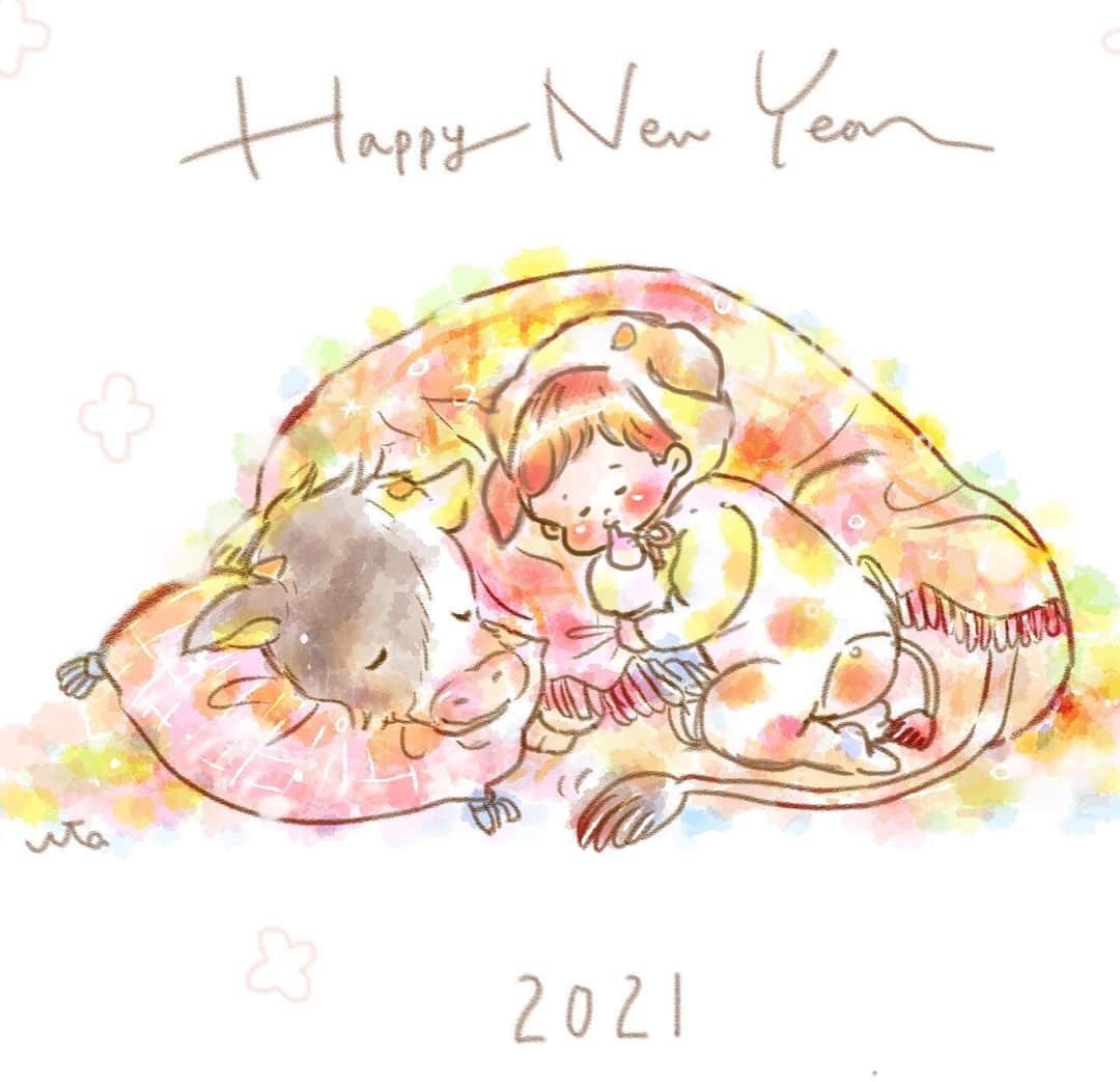 uta saitoのインスタグラム：「年賀状プリント😍  今年は牛さんです  ぜひ、プリントして ご自由に使ってください❤️  セブン ネットプリント番号  99064829  12/27までプリント可能🍀  ファミマ、ローソンは HFPRWX3LRR  でプリントできます☺️  前回もたくさんプリントしてくれて 本当にありがとうございました😭  どうぞご自由にプリントして コピーやスキャンして使ってもらえたら 嬉しいです☺️❤️  未だにデータで配布を するいい方法がわからんので どなたか教えてもらえたら 嬉しいです😩  ではまた描きます  詠  #年賀状 #ネットワークプリント #無料配布」