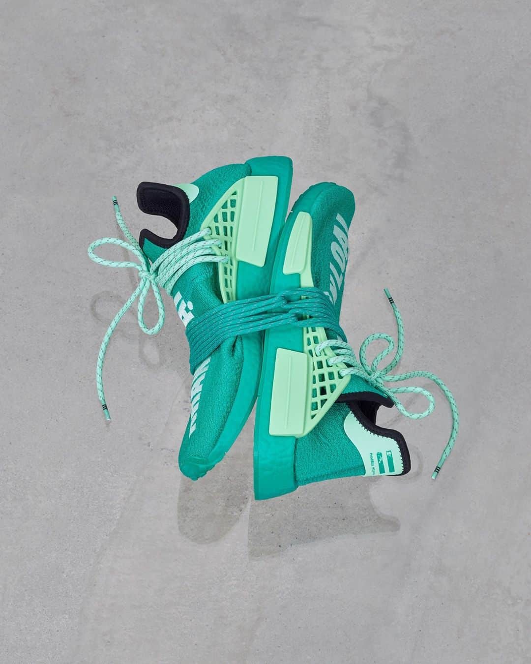 adidas Originalsのインスタグラム：「The next drop from the PW HU NMD collection is an all-green take on the @pharrell classic. A bold Primeknit upper and BOOST midsole combine with mint green details and stitching that reads ‘Human Race’ in Vietnamese.  Launching on December 23 through adidas.com/pharrell and select retailers​.」