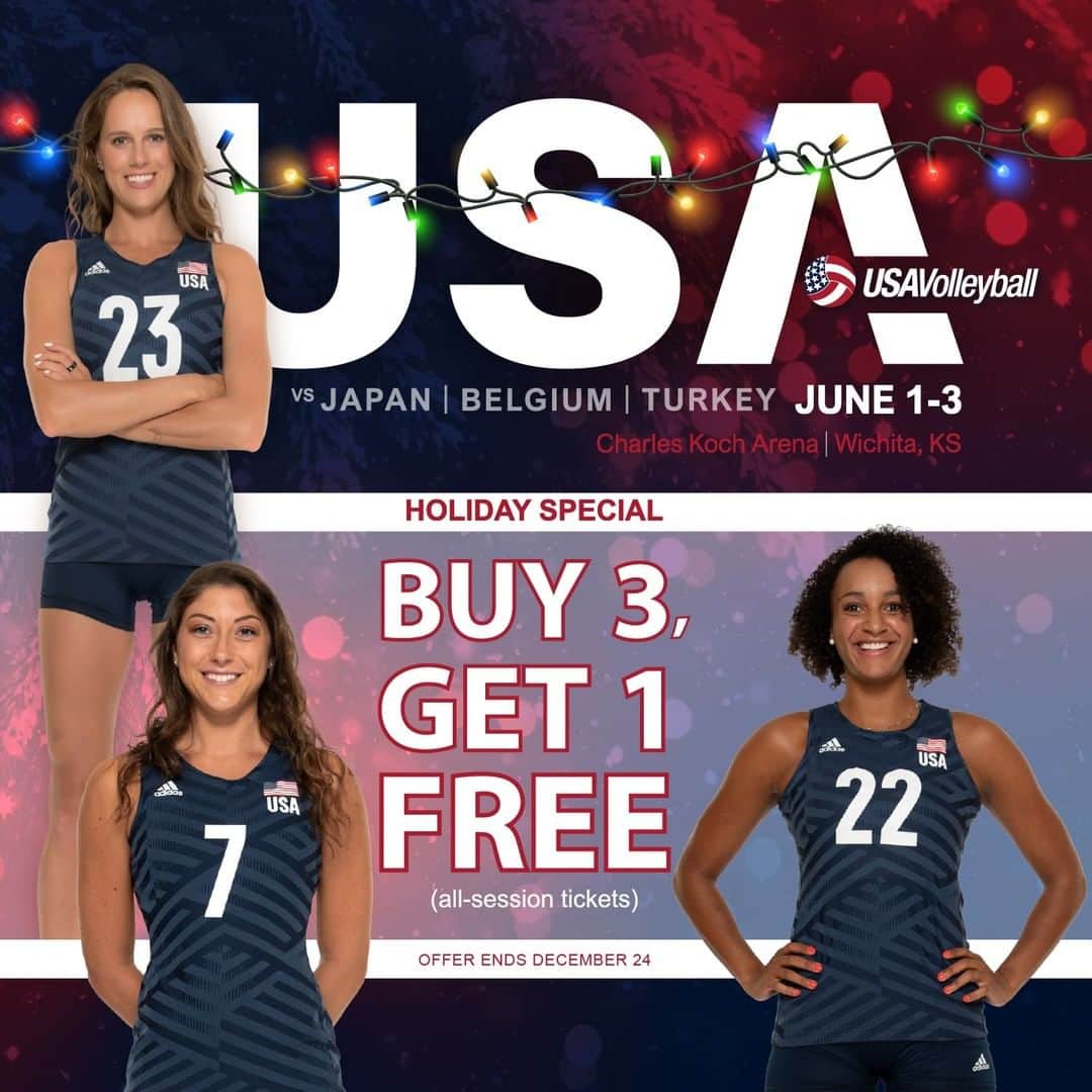 USA Volleyballさんのインスタグラム写真 - (USA VolleyballInstagram)「Give the gift of volleyball with our holiday ticket special! Buy 3️⃣ get 1️⃣ on all-session tickets to see your favorite USA Volleyball stars at the 2021 Women's Volleyball Nations League in Wichita on June 1-3!  Offer ends December 24, 🔗 in bio.」12月21日 0時00分 - usavolleyball
