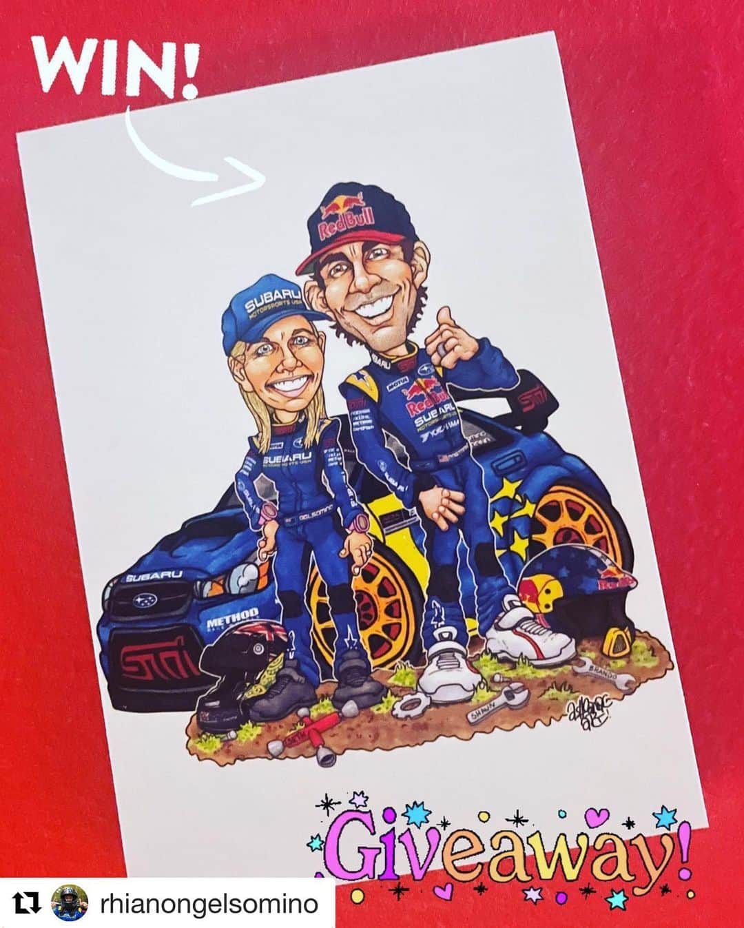 Subaru Rally Team USAさんのインスタグラム写真 - (Subaru Rally Team USAInstagram)「🎁 Head to Travis Pastrana’s co-driver, @rhianongelsomino’s account and win this! ﻿ ﻿#Repost via @rhianongelsomino ﻿・・・ ﻿Time to win.... The 7th Christmas giveaway is a mounted cartoon by @ashcamac_art of @travispastrana and @rhianongelsomino - @subarumotorsportsusa. To win answer the follow three questions correctly to go into tonight’s draw at 7pm MT (10h time). Please write your answers below in the comments. ﻿ ﻿What year did @travispastrana win the @ara_rally championship? What year did @brendorally - Brendan Reeves and I win the FIA - Asia Pacific Rally Championship- Pacific Cup? ﻿What year did I win a round of the @scottishrallychampionship with @john_maccrone? ﻿」12月21日 1時44分 - subarumotorsportsusa