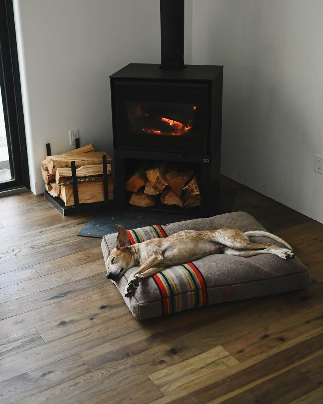 マディのインスタグラム：「Burning wood we chopped off the property is a joy, at least for this season ✨⁣ ⁣ This house we built was designed to be efficiently heated off a central hvac heat pump system, which have become insanely efficient the past few years. On the days or years you don’t feel like cutting wood you can flip a switch on the wall and heat the home @ ~$150/mo month @ 66 degrees with today’s electric rates. And when you’re feeling up for it you can also collect and heat the home up to 72°+ with the wood stove and circulate the warm air. ⁣ ⁣ Another advantage of doing a central hvac is getting A/C in the summer if you want to use it + it’s easy to add a HRV for fresh air ventilation + for an extra $1k I added a very nice electronic whole house air filter. It was difficult for me to decide between a monoslab foundation or crawl space but this heating system (and easy access for future repairs/changes) was what swayed me. ⁣ ⁣ And! If you were on early this morning you might have caught a different image select of a similar image of Maddie. This happens fairly often to most photographers I’d suspect, you think you nailed a composition and you convince yourself it had the right flow and you move along in your day. But down in your gut you knew something was off and you can’t get it out of your mind. It’s hard to put that feeling in words but that’s some BTS for ya!」