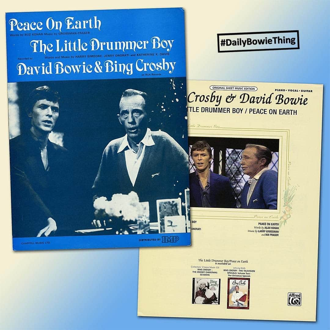 デヴィッド・ボウイさんのインスタグラム写真 - (デヴィッド・ボウイInstagram)「DAILY BOWIE THING – Day 50  “Every child must be made aware...”  Welcome to another #BowieSheetMusicSunday, our 50th #DailyBowieThing in an unbroken series of posts.  And what could be more appropriate at this time of year than the single sheet music for David Bowie and Bing Crosby's Peace On Earth/The Little Drummer Boy. You all know the history of the song, but for those that don't, here's a brief recap...  On 30th November 1977, Bing Crosby's Merrie Olde Christmas TV Special was broadcast in the US followed shortly after in the UK with a screening on Christmas Eve. The show was recorded in the UK on 11th September, 1977.  The seemingly bizarre coupling of Bowie and Bing worked beautifully, and such was the public interest in the duet, that RCA issued it as a single in November 1982. It was a huge international hit, including in the UK where it reached #3 on the singles chart, making the performance an enduring Christmas classic.  We're not sure if the original sheet music (on the left) was published to accompany the single or if it was issued around the time of the broadcast. Either way, it's not easy to find now.   The less aesthetically pleasing version on the right was issued in recent times to tie in with one of the re-issues of Bing’s Christmas Sessions album and DVD.   In November 2019, Decca records released Bing At Christmas - Bing Crosby With The London Symphony Orchestra. On the collection was a newly orchestrated Peace On Earth/Little Drummer Boy. This version finally gave the song the treatment it deserved after years of the mono version being the only available one.  #DailyBowieThing  #BowieSheetMusicSunday  #BowieBing  #PeaceOnEarth」12月21日 8時59分 - davidbowie