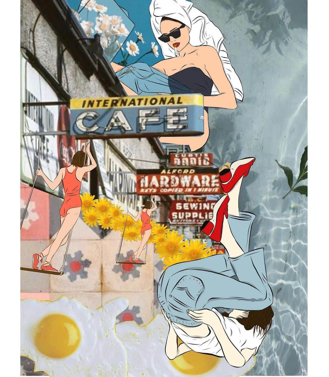 エモン・久瑠美のインスタグラム：「First collage art 🌼 はじめてのコラージュ、　Youtubeの動画でillustratorの使い方勉強しながら、、 @kurumiph」