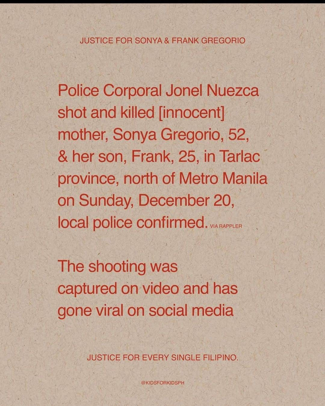 カイリー・バーゾサさんのインスタグラム写真 - (カイリー・バーゾサInstagram)「Stop this injustice #justiceforsonyaandfrankgregorio #endpolicebrutality #stopthekillingsph   Repost: @kidsforkidsph」12月21日 19時55分 - kylieverzosa