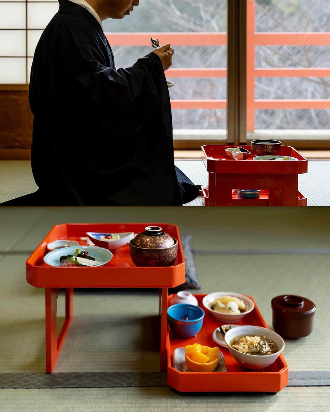 Koichiさんのインスタグラム写真 - (KoichiInstagram)「.  Workation experience at a temple's Shukubo  Vol.2  信貴山 朝護孫子寺の塔頭の一つであり、今回滞在した宿坊でもある玉蔵院さんで、僧侶の修行体験をさせて頂きました。  1st / 阿息観。自律神経を整え、心を落ち着かせる効果がある呼吸法を取り入れた、密教の瞑想法。「阿〜」と発声しながら瞑想します。  2nd / 精進料理。仏教の戒に基づき、殺生をせずに調達できる食材を用いた料理。素材の味が生きていてとても美味しかったです。  3rd / 被写体になってもらった道下さん。実はこのプログラムの参加者で僧侶ではありません。今回の宿坊ワーケーションのために、頭を坊主にしてきたという強者？です！  4th / 修行体験では法衣をレンタルすることもでき、僧侶になりきって体験ができます。女性用の尼僧の衣装もあります。  5th / 般若心経の読経と写経。日頃、文字を書く機会が少なくなっているので、毛筆がとても新鮮でした。  6th / 百八礼。このスクワットのような礼拝を108回連続して行います。これはかなりキツイ。。。  7th / 護摩祈祷。毎日5時半から行われている護摩を焚くご祈祷。見ていると徐々に炎とお経と太鼓の音がシンクロしていきます。とても神秘的な儀式でした。  #信貴山玉蔵院 #信貴山ワーケーション #奈良 #信貴山 #SAGOJO ,」12月21日 21時11分 - koichi1717