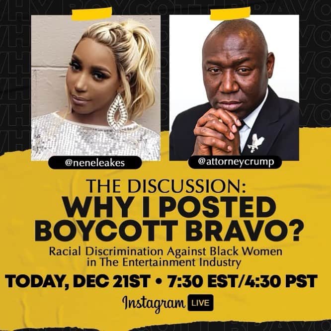 ネネ・リークスのインスタグラム：「Don’t Miss The Discussion TONIGHT at 7:30pm on IG LIVE with attorney Ben Crump @attorneycrump   This has been a long time coming. If there are any other women out there who have experienced racial discrimination or mistreatment of any kind please contact us. You can email me or contact any of my representatives. I am represented by Bryan Freedman, Ben Crump and supported by the great Al Sharpton booknene@gmail.com」