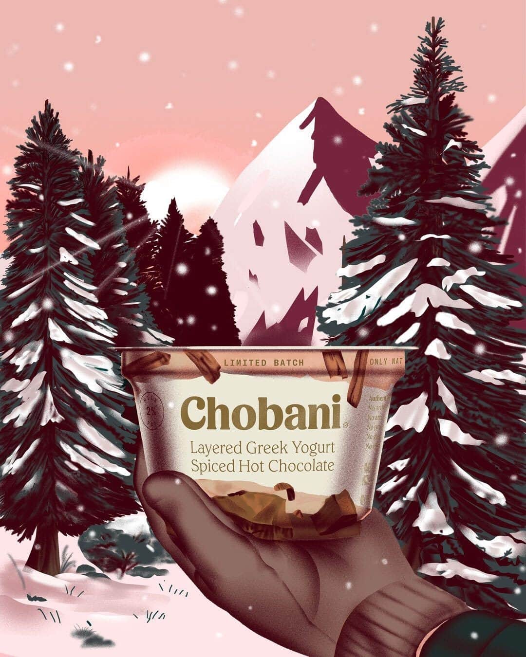 Chobaniのインスタグラム：「Snow angels, mittens, and frosty air; treats that taste like a cup of cozy hot chocolate ☕ What do you love most about #winter? ☃️🧤❄️ Head to our story for more first day of winter fun.  🎨: @richchane」