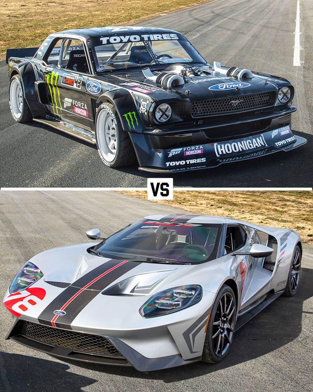 ケン・ブロックのインスタグラム：「This is one of the most “Forza-ish”(@ForzaHorizonOfficial) matchups of the whole Hoonigan Vs The World series: iconic Ford Mustang versus iconic Ford GT! Click the link in my bio to see this epic matchup. #HoonicornVsTheWorld #Hoonicorn #FordGT #BorlaExhaust」