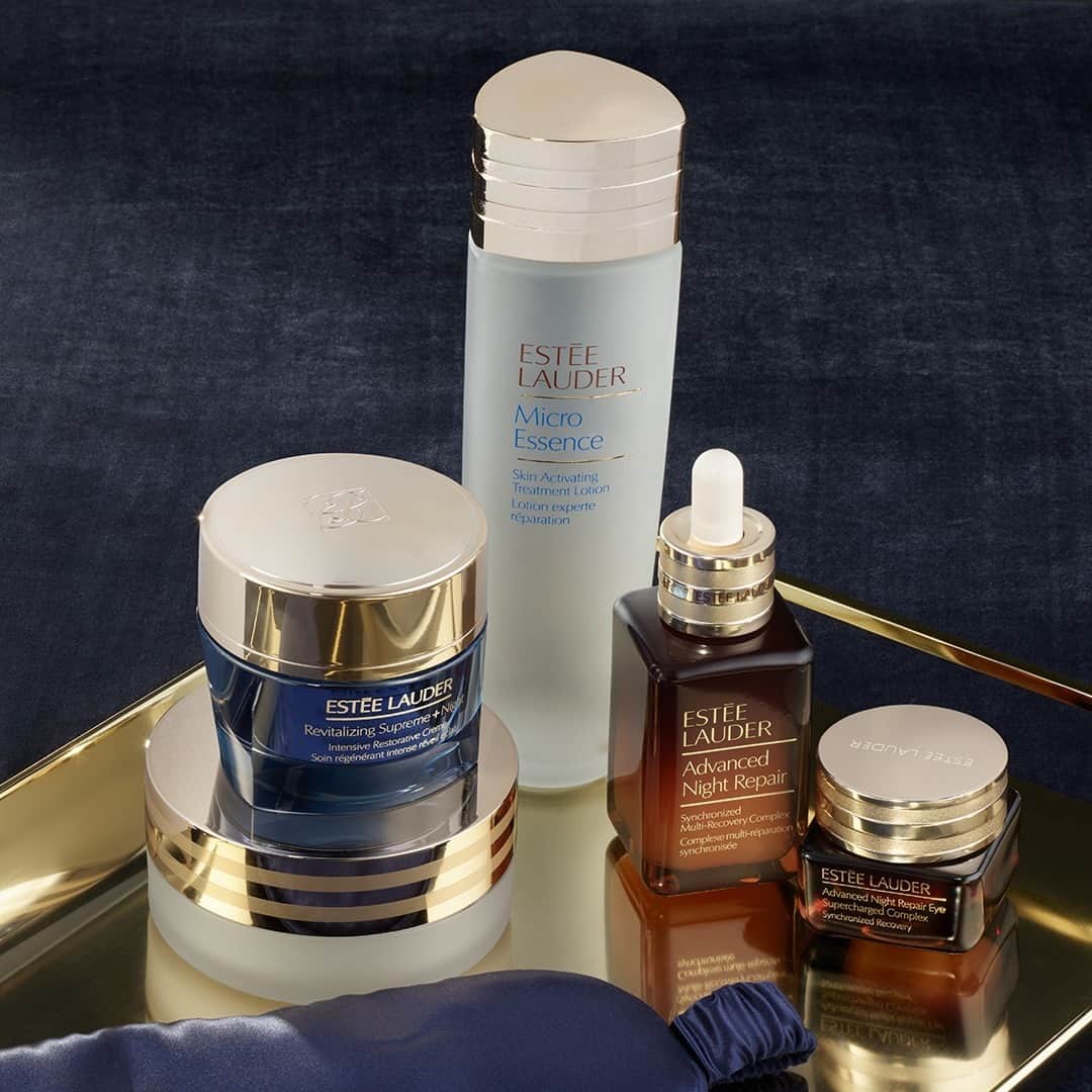 エスティローダーのインスタグラム：「#StayingIn for the Longest Night of the Year with these #EsteeEssentials 🌟 Tap to shop!  💫 Advanced Night Cleansing Balm 💫 #MicroEssence Treatment Lotion 💫 #AdvancedNightRepair Face Serum 💫 Advanced Night Repair Eye Supercharged Complex 💫 #RevitalizingSupreme Night」