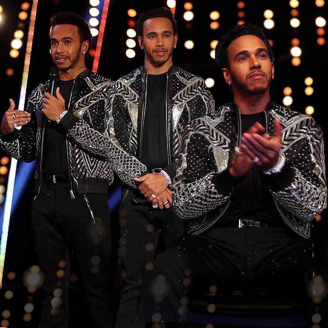 ジュリアンマクドナルドのインスタグラム：「Congratulations to the incredibly talented and seven-time Formula 1 world champion @lewishamilton on winning for the second time the @laureussport World Sports Award for Joint-Laureus Sportsman of the Year, you are quite an inspiration!  @lewishamilton pictured here wearing a modernist geometric embroidered Couture #JULIENMACDONALD Bomber jacket at the @bbcsport personality of the year awards  Styled by @alicia_sereno  @mercedesamgf1 #SportUnitesUs #LaureusFamily」