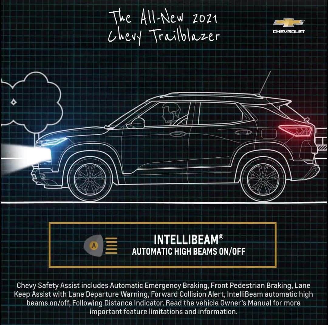 シボレーのインスタグラム：「Speaking of bright ideas… IntelliBeam® can automatically turn high beams on and off. This is just one of the standard #Chevy Safety Assist features included in the All-New 2021 #ChevyTrailblazer.」