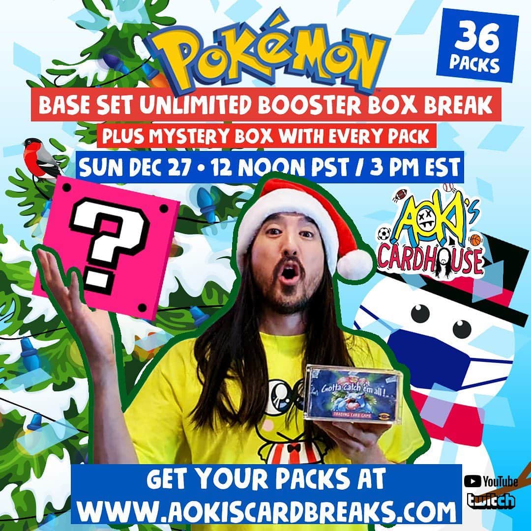 スティーヴ・アオキさんのインスタグラム写真 - (スティーヴ・アオキInstagram)「This coming Sunday December 27th we are throwing the ultimate Pokémon Christmas after party 🎅🏻🎄I will be breaking a Pokemon Unlimited Base Booster Box 👀 and this time I’m opening it up to everyone 🥳. We’re stepping it up and adding an @AokisPlayhouse mystery box that has a mufukin PSA 9 unlimited CHARIZARD 🐉🔥🐉🔥🐉 wtf!!! 🤯randomly in one of the boxes!!! Every pack comes with a mystery box & these boxes are pure 💎💎💎 get ur packs from aokiscardbreaks.com. Last two sold out mad fast so get em before all 36 are gone! Let’s gooooo!!! Including shout out and an aoki on card auto per pack」12月22日 6時22分 - steveaoki