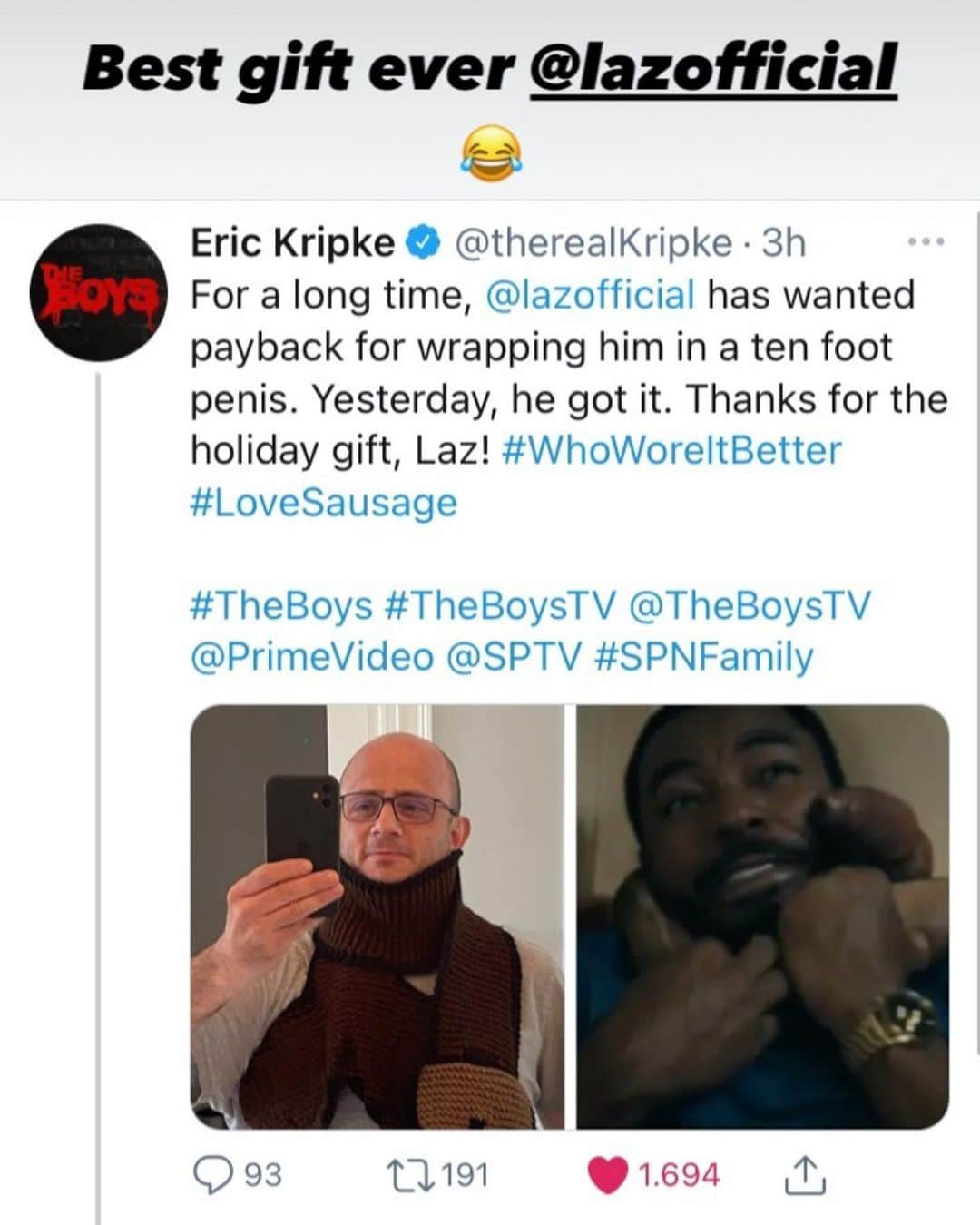 ラズ・アロンソのインスタグラム：「Last season on @theboystv, our very creative show runner #EricKripke had me  wear an “interesting” scarf,  while being attacked by a Supe gone wrong named #LoveSausage. I felt it was only fair, that Krip gets all the credit he deserves for such creative writing, by getting him his own merch! Now he can show off his work everywhere he goes.... his own hand made, personalized D-scarf! The card read “I wore yours, now u wear mine”#HappyHolidays from #MM #TheBoys 😂 🤦🏽‍♂️🍆」