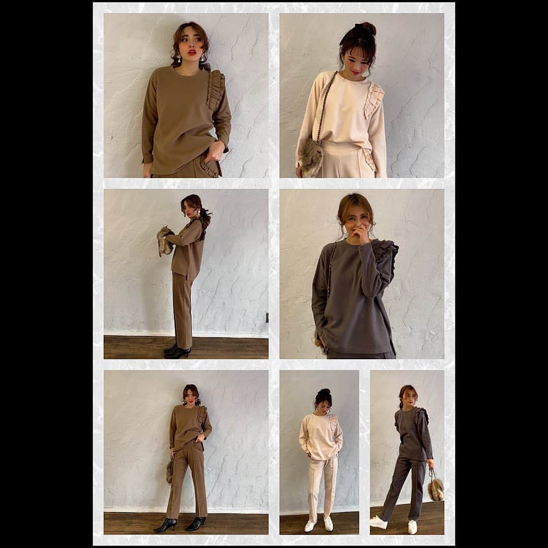 原口恵美のインスタグラム：「ニットソー肩フリルトップス(myu734)  も発売中🥰💗  ４色あります🥰  ブラックもあります✨✨  @tanibosci  @nail_marimari ちゃんと ワイワイ可愛い可愛いいいながら 😍❤️  冬のおこもりに、ちょっとそこまでも 可愛くいられちゃいます☺️💋  @myu____official」