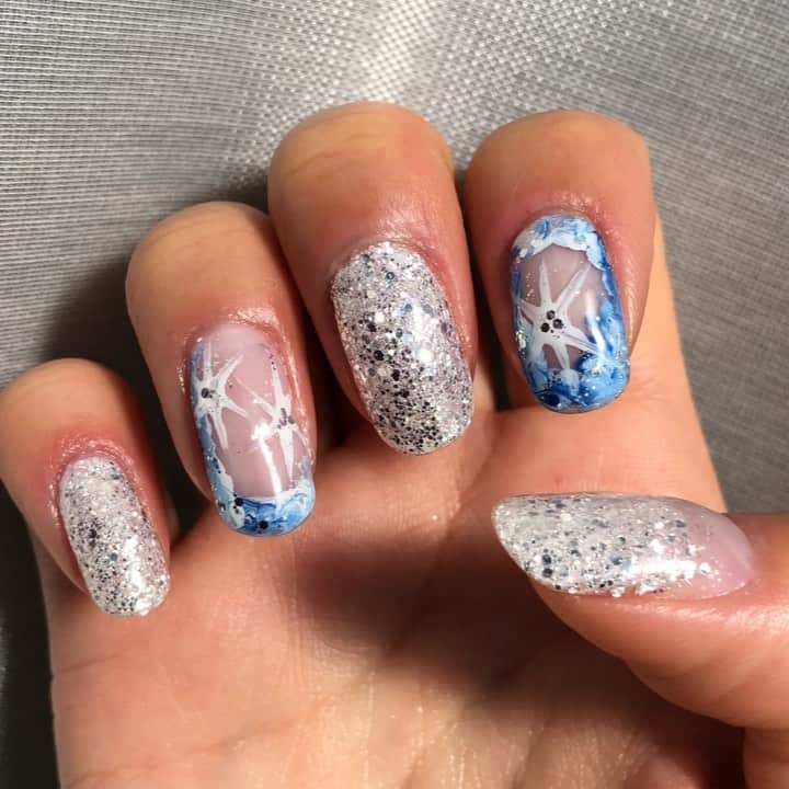 のインスタグラム：「Icy frost nails❄️💅🏼  セルフ #ジェルネイル #nailart #gelnails #nofilter #marblenails #glitternails   Products : @nanakara_jp @youngnails.jp」