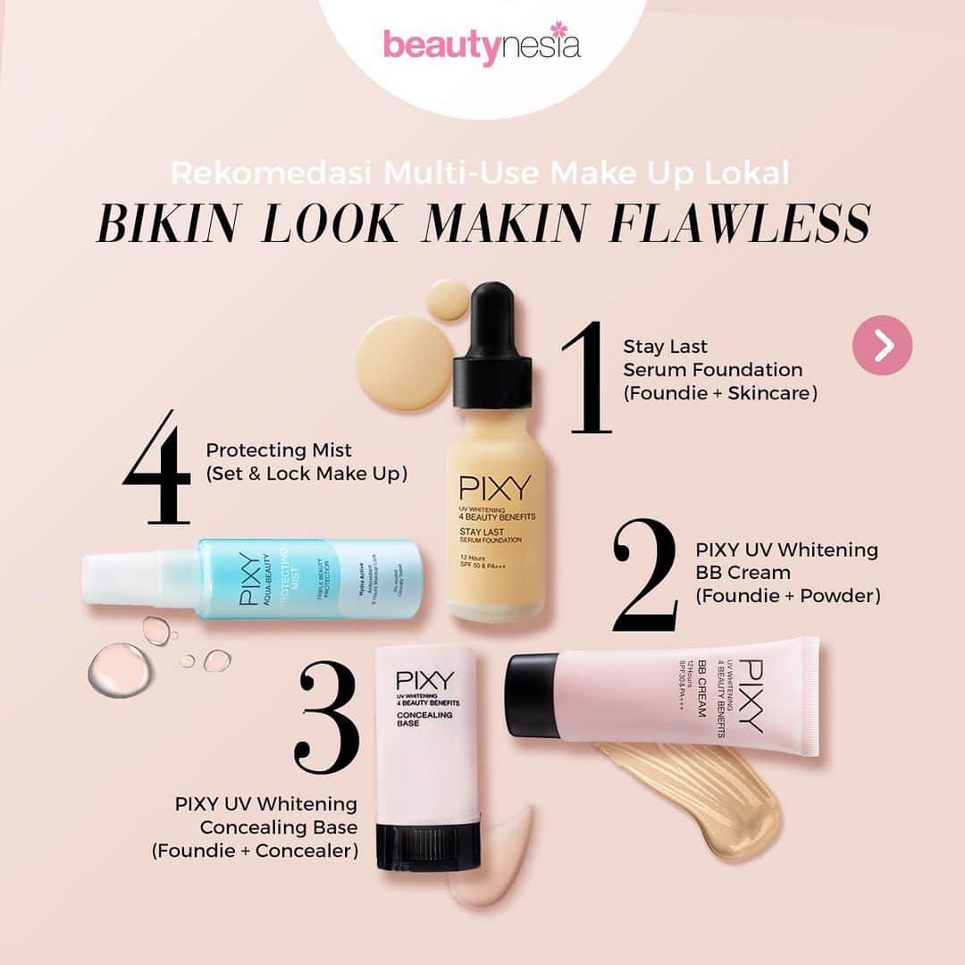 のインスタグラム：「Masih bingung gimana caranya bisa make up flawless natural tapi gak mau ribet ? Ini dia solusinya Beautynesian! PIXY Cosmetics memiliki beberapa varian 2 in 1 kosmetik yang memudahkan kamu untuk mendapatkan make up flawless natural dan tahan lama tanpa bikin ribet.⁣  ⁣ • PIXY Stay Last Serum Foundation⁣ Selain sebagai base make up, foundation ini punya tambahan manfaat skincare dengan kandungan Derivat Vit E, Argan Oil Vitamin E serta SPF 50 &  PA+++⁣  ⁣ • PIXY UV Whitening BB Cream⁣ Kandungan 2 Way Whitening nya mampu membuat wajah lebih cerah. Selain itu, teksturnya ringan dan formula non comedogenic sehingga aman digunakan seharian⁣  ⁣ • PIXY Concealing Base⁣ Base make up praktis yang berfungsi sebagai concealer sekaligus foundation. Membuat look make up tampil sempurna hingga 12 jam⁣  ⁣ • PIXY Protecting Mist⁣ Berfungsi untuk mengunci make up serta menjaga kelembaban kulit, serta menjaga dari efek buruk radikal bebas⁣  ⁣ Jadi, udah gak ada alasan lagi make up ribet ya Beautynesian! Yuk pilih make up item favorite kamu yang mana ?⁣」