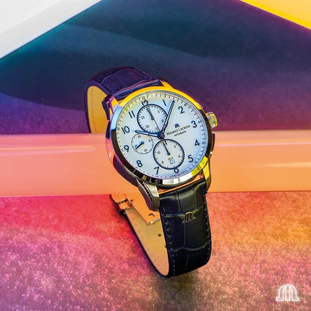 のインスタグラム：「Blue tones on the chrono, pure white dial for the background. A harmonious set for the #PONTOS Chronograph 43mm. #ShowYourStyle #YourTimeIsNow  #MauriceLacroix #Watch #Reloj #LuxuryWatch #Swisswatch #HauteHorlogerie #Swisswatchmaking #Watchmaking #Wotd #Watchesofinstagram #Watchfam #Watchlife #Swissmade #Whatsonmywrist #Watchoftheday #Watchaddict #Dailywatches #instawatchdaily #instawatches #Wiwt #Womw」