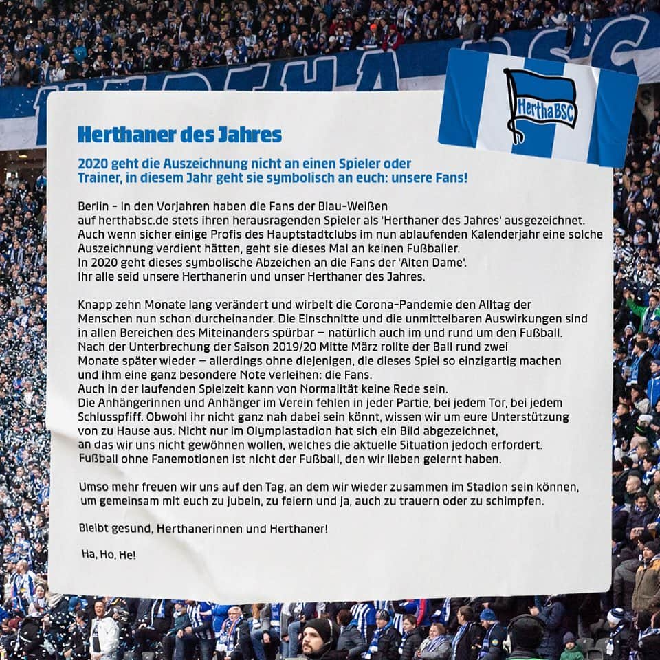 ヘルタ・ベルリンのインスタグラム：「Unser Herthaner des Jahres? 🤔 Für uns stellt sich diese Frage nicht: Das seid ihr, unsere Fans! 💙 . . #HaHoHe #herthabsc」