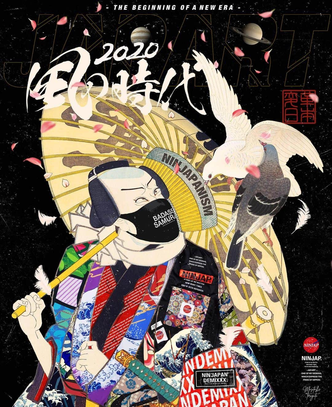 MARTONのインスタグラム：「MY COLLAGE ART🖊 [ 2020 変革- The beginning of a newera ]  今年の象徴と新しい時代への転換を表現したCollage Art  200年以上続いた時代の転換といわれる2020年。  新型コロナが現れて変わってしまった生活。 悪い影響ばかりですが、お陰で見えた事や良く変わった事も少なからずですがあります。  「今まで」の普通が普通じゃなくなり、 思ってもいなかった「今」が普通になってきてしまってる。  でも日本人には、どんな逆境でも何度も立ち上がってきた強い精神があるはず。  これからも変化していく世の中に順応し、 来年は皆様に良い「変化」が訪れますよう願っています😊🙏  #illustration #ukiyoe #art#samurai#badass#浮世絵#collage#風の時代#Greatconjunction#2020#japan#japanese#Collageart#ninjap #nippon#ninja#侍#mtfuji #japart」