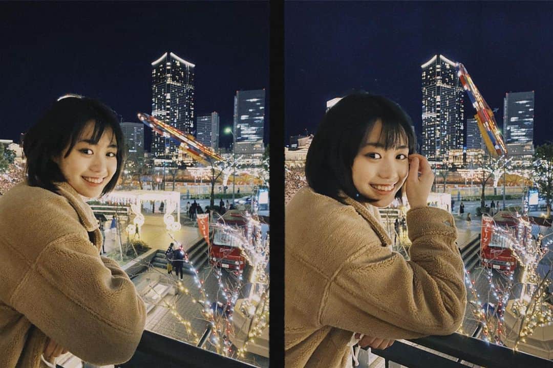 多田成美のインスタグラム：「お友達とイルミネーションを見に行ってきました🎡 この後、うしろに写っている乗り物に乗りました🤍 とてもスリルがあって楽しかったです！  （撮影の時のみマスクを外しています） #イルミネーション」
