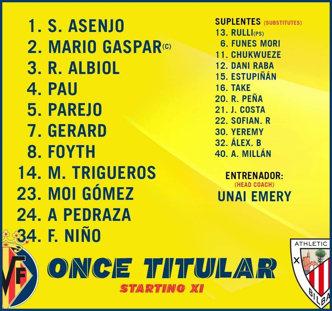 ビジャレアルCFのインスタグラム：「¡Nuestros once groguets titulares para el #Villarreal 🆚 @athleticclub de esta noche en La Cerámica (22.00h, en directo por@movistarplus)! . Here is the Yellows’ starting XI for #Villarreal 🆚 @athleticclub this evening at La Ceràmica (10pm CET, live on @movistarplus in Spain)! .  #futbol #football #soccer #LaLiga」