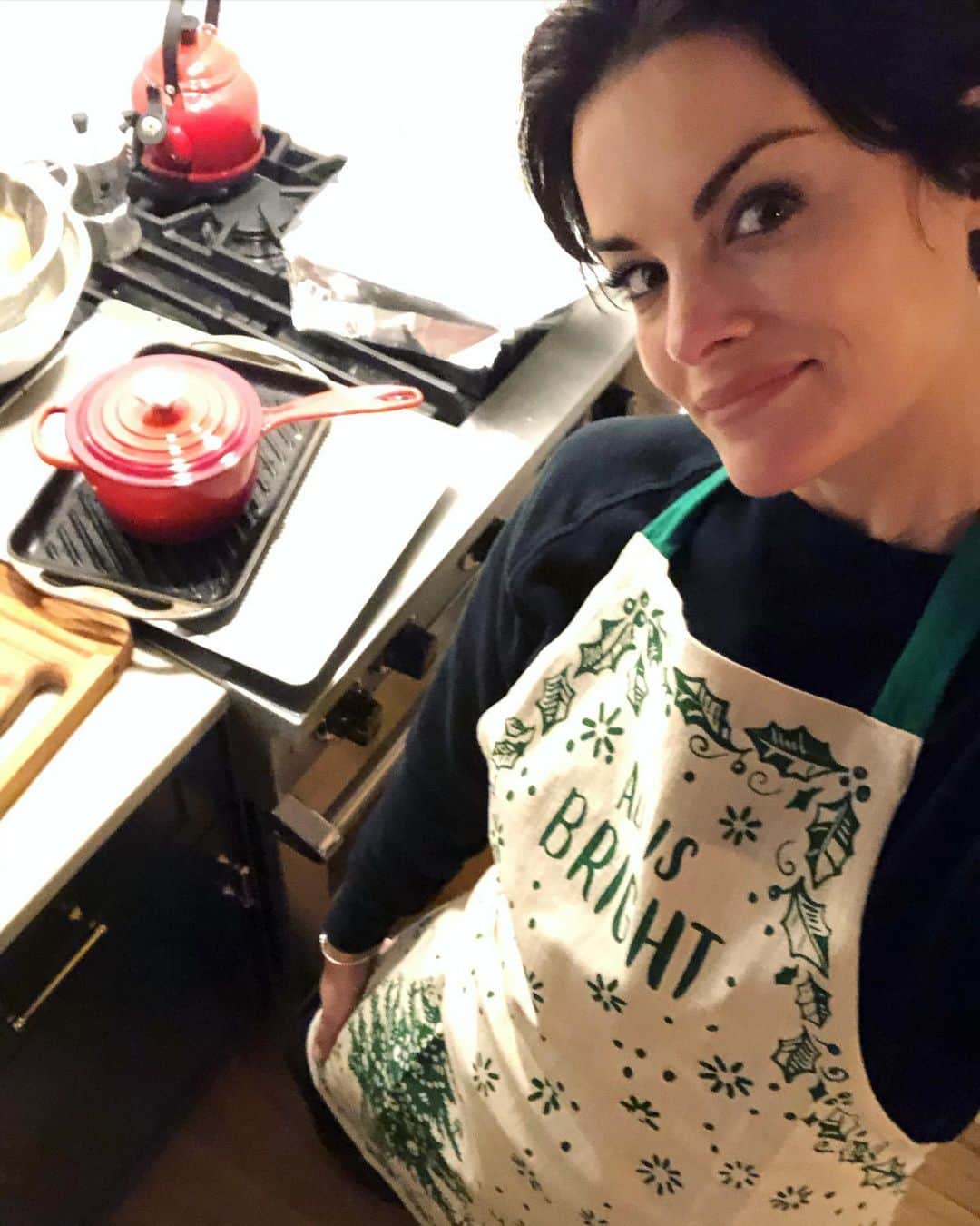 ジェイミー・アレクサンダーのインスタグラム：「Cooking up a storm over here 👩🏻‍🍳🙌🏻 Today: beef and cabbage stew. Thanks for the recipe mom,  @valeriesthyme (and the apron!) 🎄🎄🎄🎄✨I’ve been cooking and freezing what I make. Then, I take it over to friends who live nearby✨ #merrychristmas」