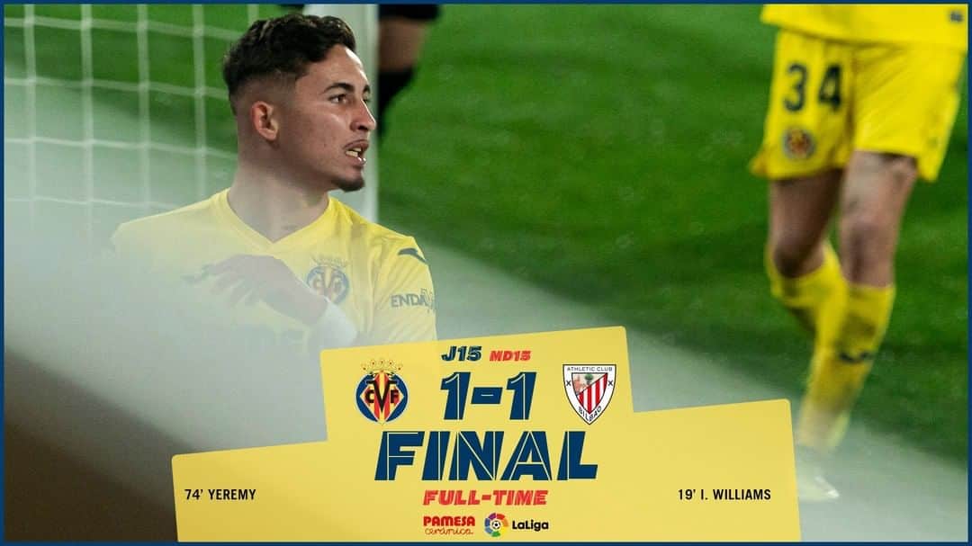 ビジャレアルCFのインスタグラム：「¡FINAL EN LA CERÁMICA! El #Villarreal, tras una gran reacción en la segunda parte, suma un punto con un gran gol del canterano @yeresantos10, que revolucionó el choque ante un correoso @athleticclub. . FULL-TIME AT LA CERÁMICA! #Villarreal, after a great reaction in the second half, get a point after a great goal from youngster @yeresantos10, who turned the game around against a hard-working @athleticclub. . #futbol #football #soccer #LaLiga」