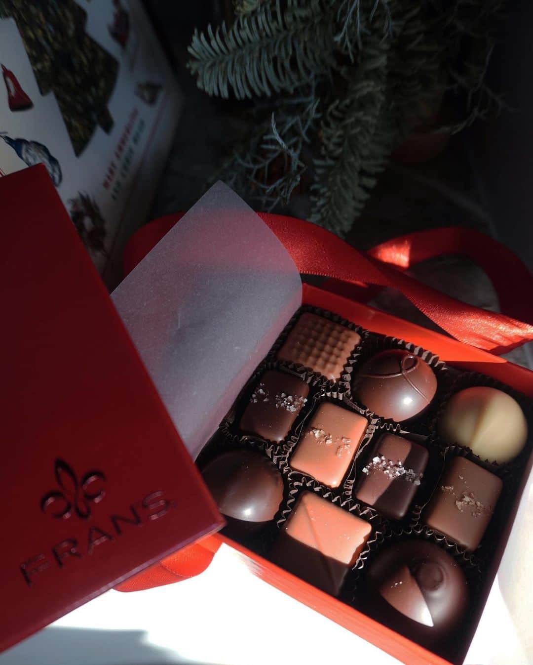 JUNNAのインスタグラム：「チョコレートが美味しい季節☃️  チョコレートのBOXって何でこんな にわくわくするんでしょ...❤️  お家で映画を見ながら、コーヒーとミルクチョコでコーティングされたスモークソルトキャラメルを...😳❤️  甘い時間のギフトって最高🤍  @frans_japan 🎅❤️  #チョコレート #チョコ#chocolate #chocolatelover #chocoholic #ギフト」