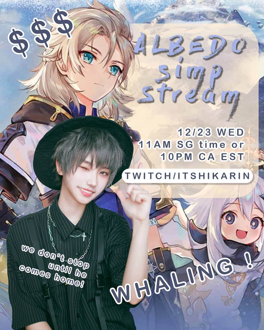 ひかりんのインスタグラム：「I know I said we weren't gonna pull for albedo .... But I WAS WRONG . now I'm a simp . Come watch me whale for Albedo tomorrow and explore dragonspine !!!♥️♥️♥️it's gonna be cold like Canada !!🇨🇦 #genshinimpact  #albedo」