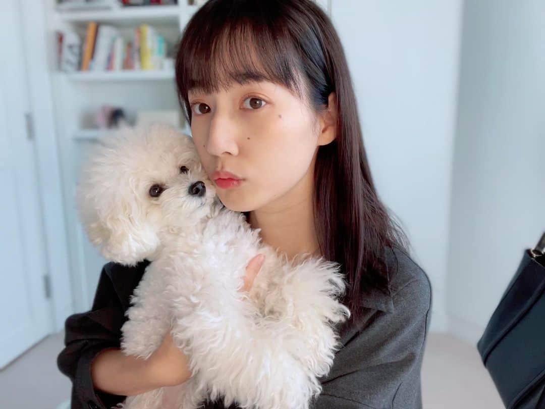 高嶋香帆のインスタグラム：「栗原さんに前髪切ってもらいました✂️ @motonori_kurihara   今年最後に美容室行けて嬉しい〜💕 自撮りしてたら抱っこしろとせがんで来たわんこさんです🐶」